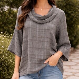 CHALET ET CECI Linen Top Womens Large 3/4 Sleeve Blouse Gray Plaid Made USA